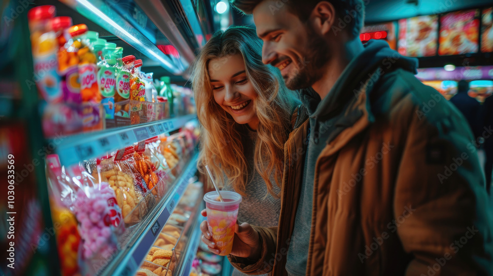 Happy couple, smiling and laughing, peruses snack options at a movie theater concession stand, getting ready for a fun night out. Happy couple, smiling and laughing, peruses snack options at a movie theater concession stand, getting ready for a fun night out.