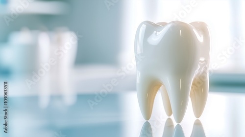 Wallpaper Mural 3D render of a shiny white tooth on a reflective surface with soft lighting symbolizing dental health and hygiene Torontodigital.ca