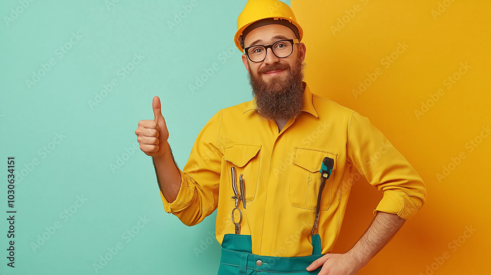 A man in a yellow jumpsuit and hard hat gives a thumbs up. A man in a yellow jumpsuit and hard hat gives a thumbs up.