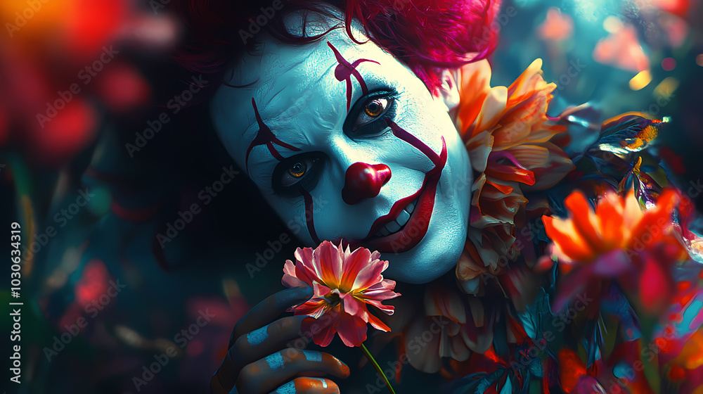 Generative AI, The Melancholy Clown: Smile Fades with a Wilting Flower Generative AI, The Melancholy Clown: Smile Fades with a Wilting Flower