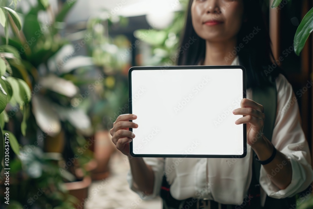 Display mockup asian woman in her 40s holding a tablet with a fully white screen Display mockup asian woman in her 40s holding a tablet with a fully white screen