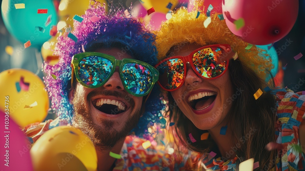 Obraz premium Friends in bright wigs celebrating carnival with ballons background