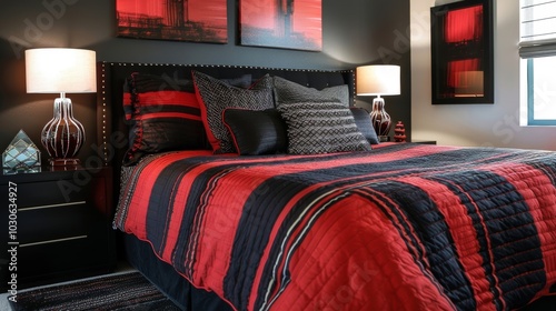 A striking black and red striped comforter graces the bed in this bold modern bedroom complemented by sleek black furniture and a mix of geometric patterns in the accent pillows. photo