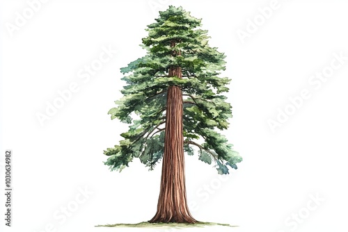 Majestic watercolor illustration of a tall sequoia tree