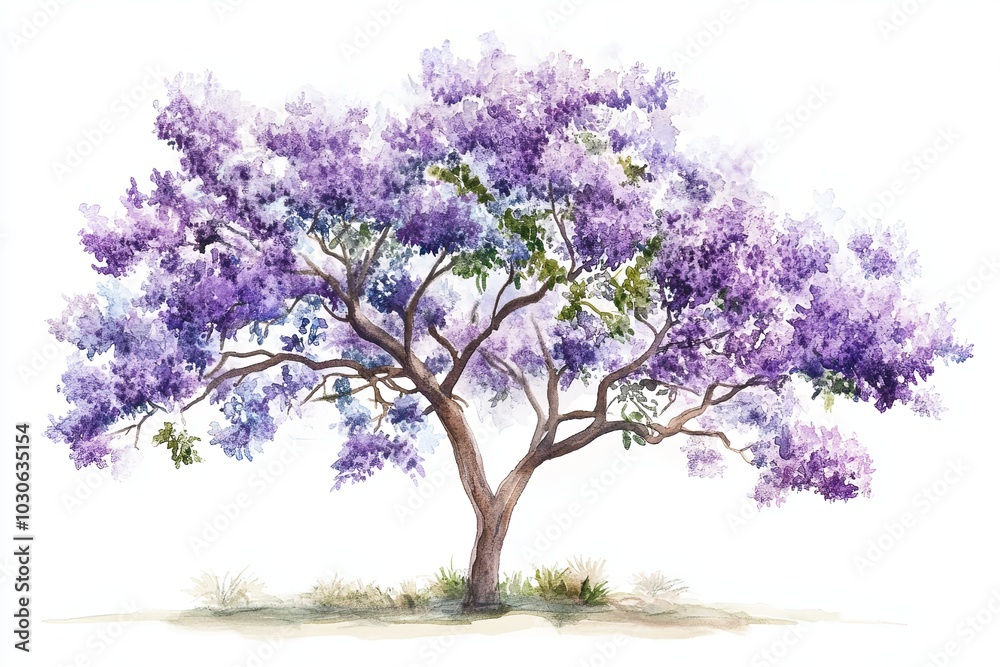 Vibrant watercolor illustration of a blooming purple tree Vibrant watercolor illustration of a blooming purple tree
