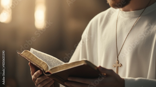 Portrait of a man reading a Bible with prayer hands, his crucifix necklace visible, in a serene chapel corner photo