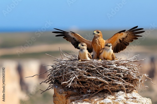 Eagle family in a nest atop a cliff, with young eaglets practicing flight