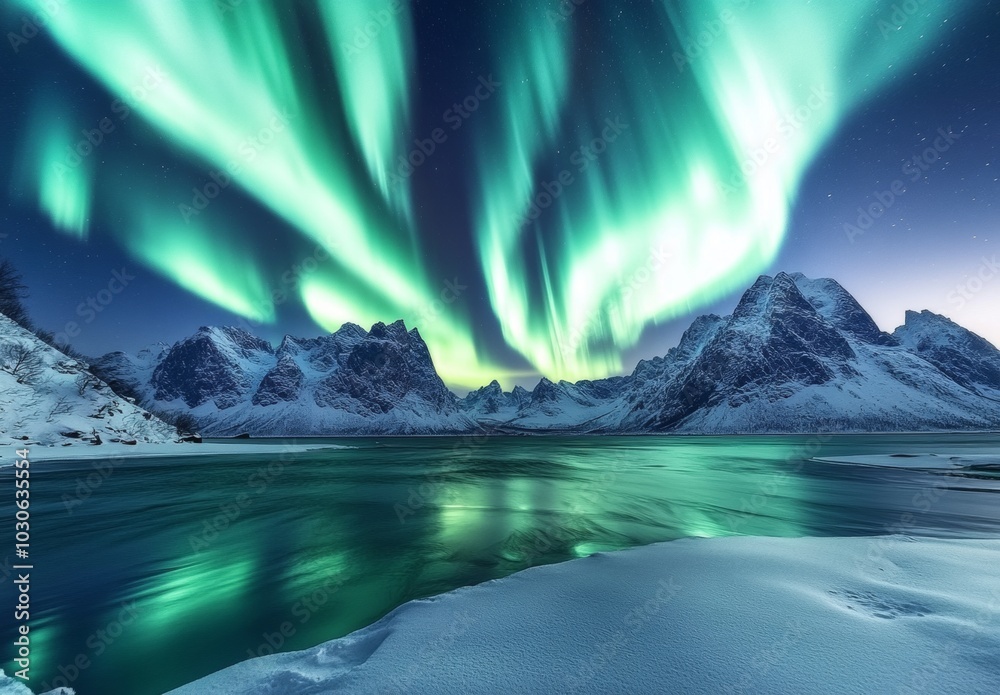 Naklejka premium The sky is lit up with green auroras