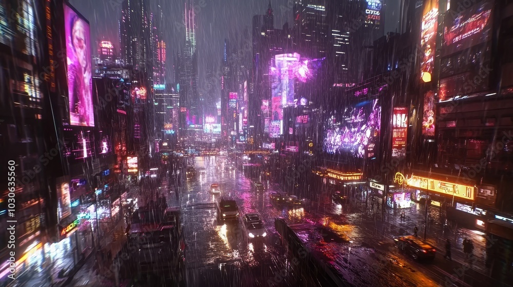 Futurism Cyberpunk Chicago in the rainstorm, neon billboards shine, skyscrapers soar, and purple, blue and pink colors cast a dazzling light in the rain.