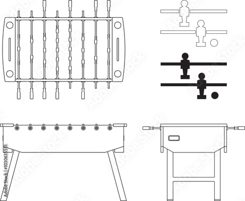  Plan and elevation icon of table football, foosball - Light design vector