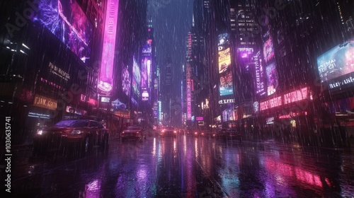 Futurism Cyberpunk Chicago in the rainstorm, neon billboards shine, skyscrapers soar, and purple, blue and pink colors cast a dazzling light in the rain.