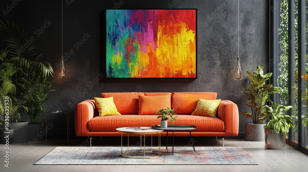 A modern living room interior with an orange sofa, a colorful abstract painting, and potted plants. A modern living room interior with an orange sofa, a colorful abstract painting, and potted plants.