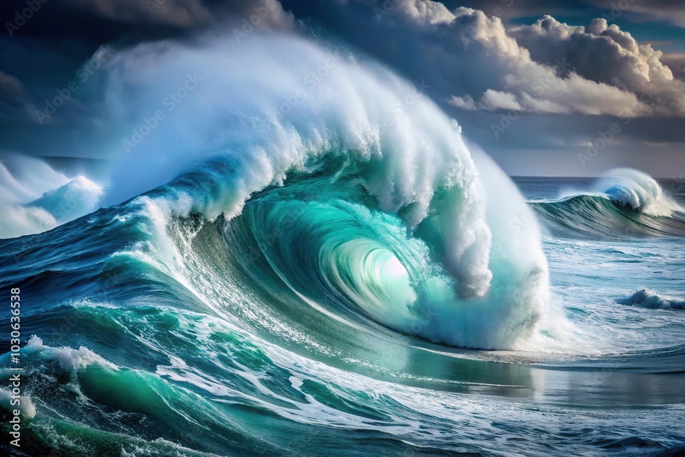 Huge ocean wave during storm with rough sea water background aerial view Huge ocean wave during storm with rough sea water background aerial view