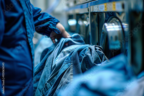 Closeup of the laundry process clothes being transferred from washer to dryer