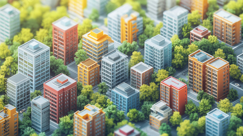 Green cityscape with trees and modern apartment buildings