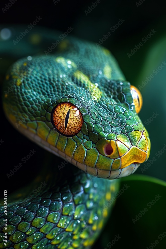 Fototapeta premium Green tree python showing its scales and yellow eyes