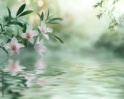 Serene Floral Reflection in Soft Green Hues