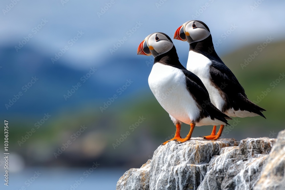 Fototapeta premium Family of puffins standing on rocky cliffs, facing the sea breeze