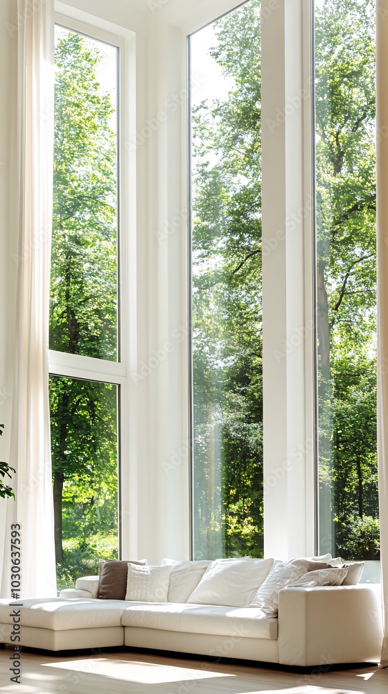 Modern white sectional sofa with pillows in front of large windows overlooking green trees. Modern white sectional sofa with pillows in front of large windows overlooking green trees.