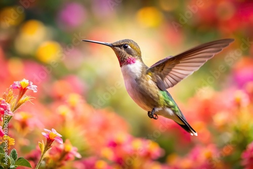 hummingbird flying over flowers, high angle view