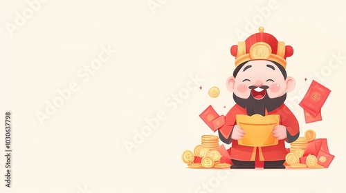 Cartoon Chinese God of Fortune holding a Yuanbao