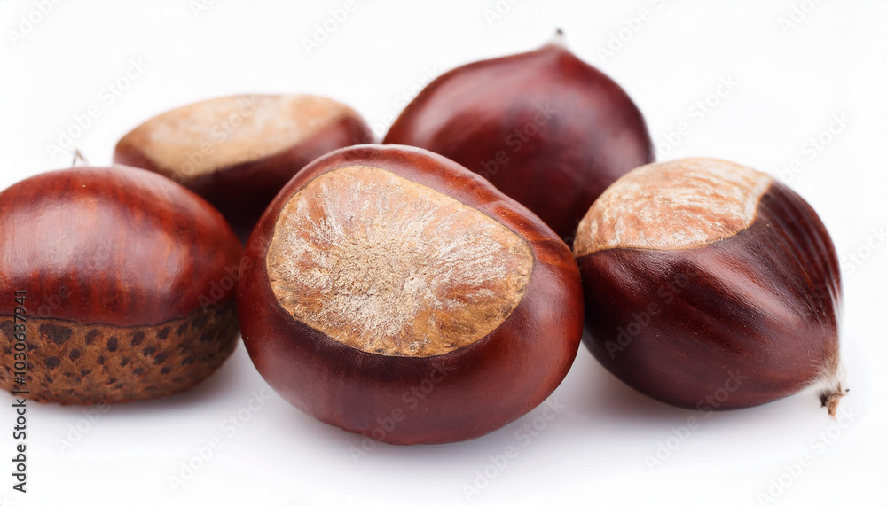 Heap of chestnuts isolated on white backdrop. Healthy and tasty snack. Super food. Heap of chestnuts isolated on white backdrop. Healthy and tasty snack. Super food.
