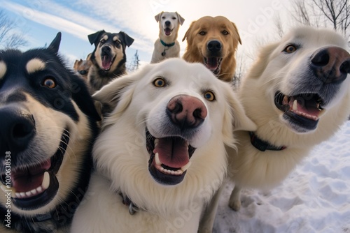 Adorable cute happy dogs taking selfie shots. Concept of friendship and freedom. AI generated