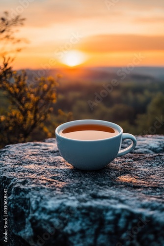 Cup of tea against the backdrop of a forest sunset