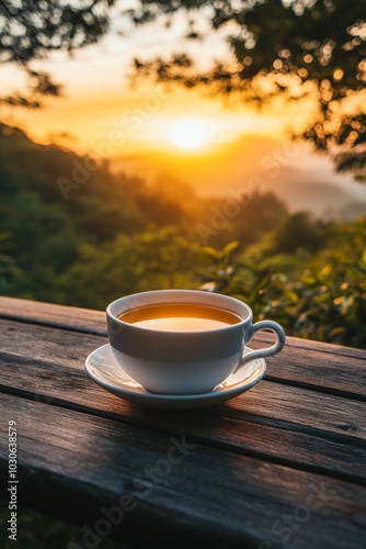 Cup of tea against the backdrop of a forest sunset