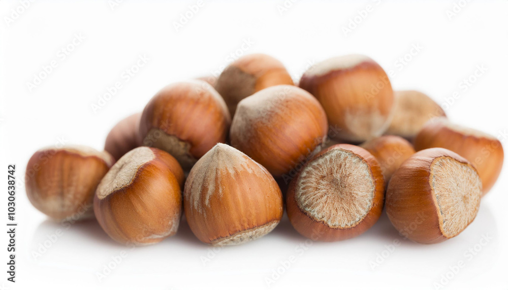 Heap of hazelnuts isolated on white backdrop. Healthy and tasty snack. Super food. Heap of hazelnuts isolated on white backdrop. Healthy and tasty snack. Super food.