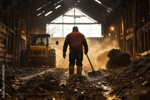 Senior farmer working with a shovel in the barn at sunset