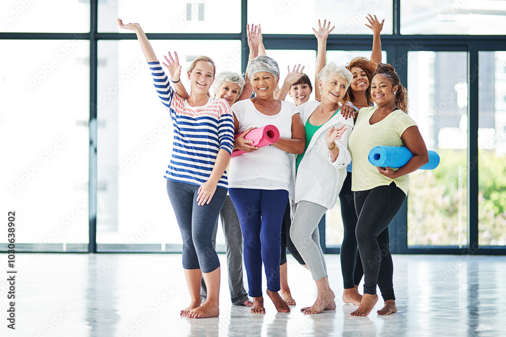 Fototapeta premium Yoga, excited and portrait of women in class for wellness, health and teamwork in studio. Retirement, friends and people celebrate for fitness, workout and pilates for mindfulness, zen and fun
