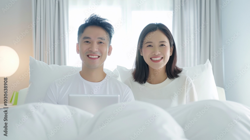 Happy young couple using tablet for social media net at comfortable home Happy young couple using tablet for social media net at comfortable home
