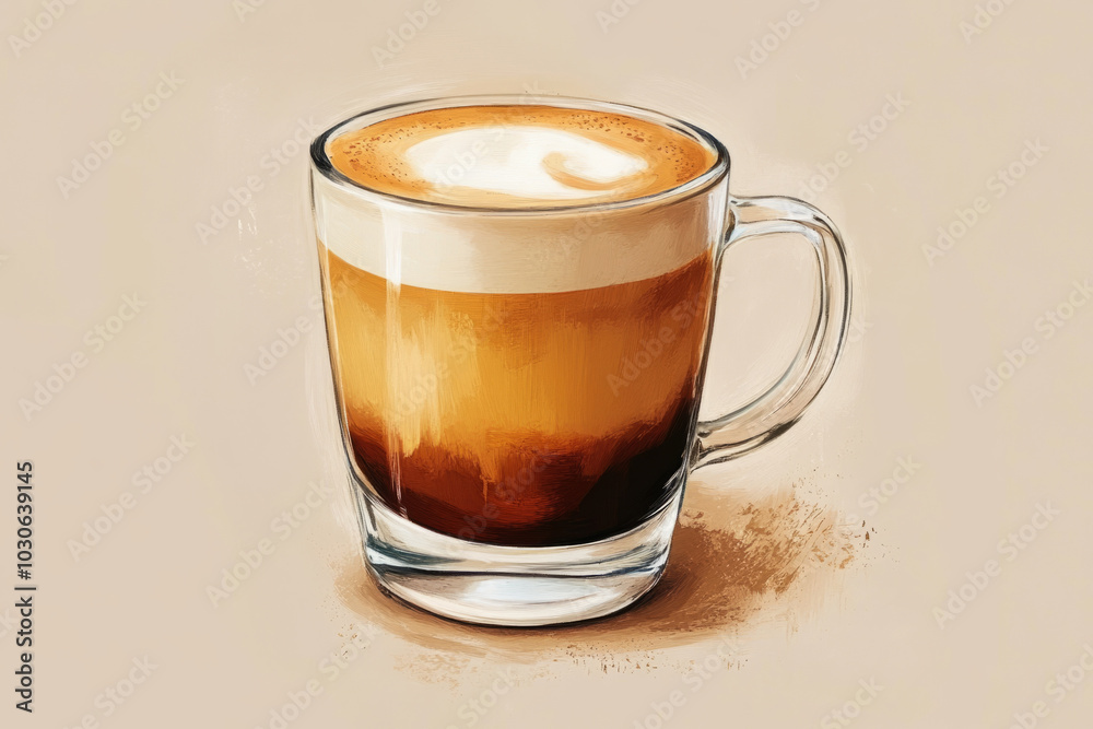 Delicious latte coffee with milk foam in a glass mug standing on a table Delicious latte coffee with milk foam in a glass mug standing on a table