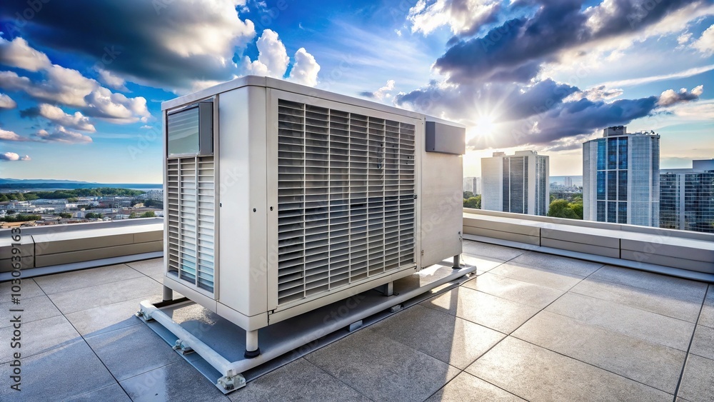 Fototapeta premium HVAC heating and air conditioning inverter unit on rooftop condo or hotel with wide angle view