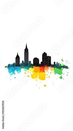 Silhouette of a city skyline with colorful watercolor splatters.