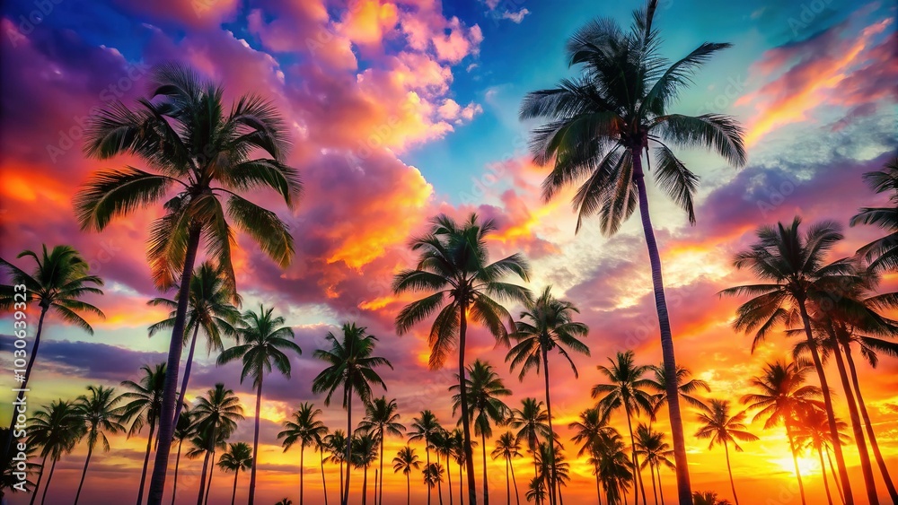 Vibrant green palm trees silhouette against a breathtaking sunset sky with warm orange, pink, and purple hues, casting a serene and peaceful atmosphere. Vibrant green palm trees silhouette against a breathtaking sunset sky with warm orange, pink, and purple hues, casting a serene and peaceful atmosphere.