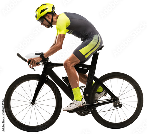 Obraz na płótnie Side view portrait of male cycling athlete, young man on road bike in motion against transparent background
