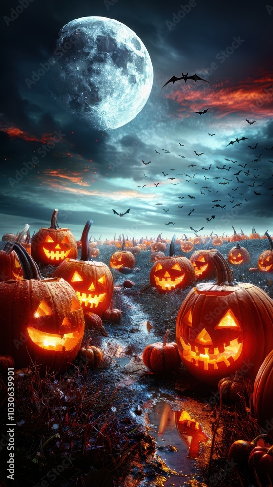 Fototapeta premium A spooky field filled with glowing jack o lanterns under a full moon, with bats flying overhead and a misty Halloween night atmosphere