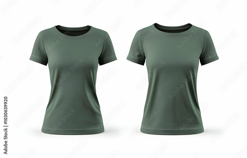 Two blank, green, short sleeve t-shirts isolated on white background. Two blank, green, short sleeve t-shirts isolated on white background.