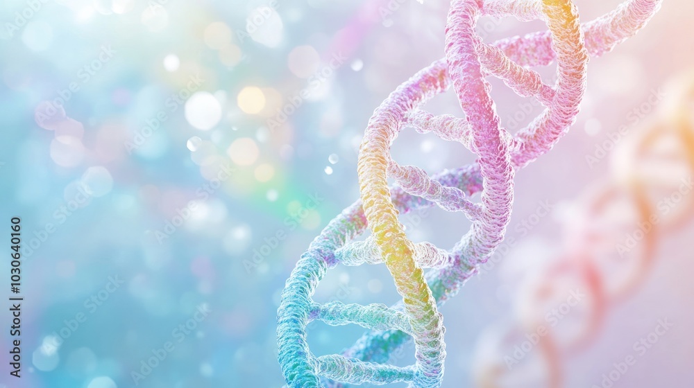 DNA double helix with medical symbols in the background, white and rainbow color scheme creates a cinematic object complemented by artistic particles in between DNA double helix with medical symbols in the background, white and rainbow color scheme creates a cinematic object complemented by artistic particles in between