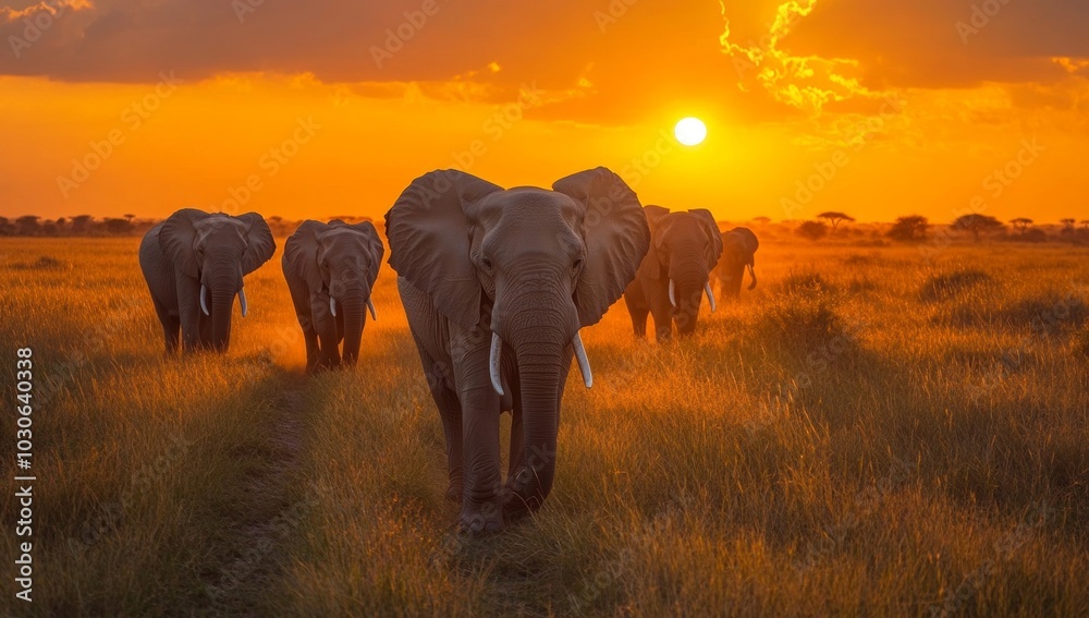 Naklejka premium A group of elephants walking in front of a sunset