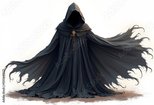 Realistic death hood, scary black robe. Isolated 3d vector eerie hooded grim reaper Halloween figure, cloaked in a dark, long, flowing gown, embodying essence of death, mystery, horror and anonymity
