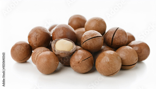 Heap of macadamia nuts isolated on white backdrop. Healthy and tasty snack. Super food.