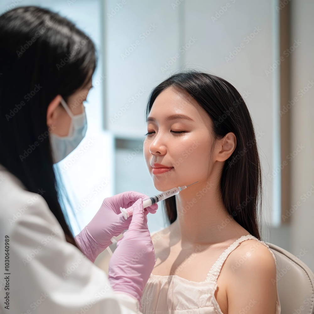 A woman receiving an aesthetic injection in a clinical setting for beauty enhancement.