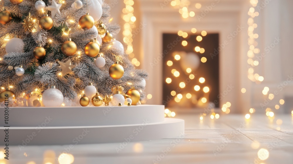White podium with a large Christmas tree decorated with golden balls and starry lights.