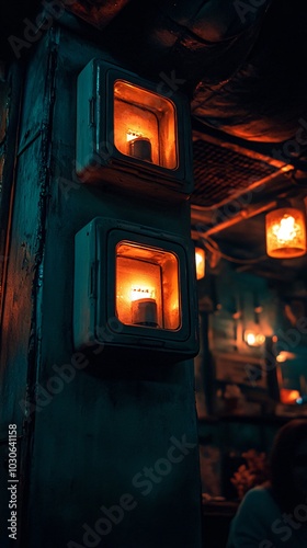 Two flickering candle lights in square glass enclosures mounted on a rough-textured wall, casting a warm glow in a dimly lit room.