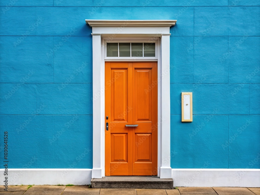 Vibrant orange door with bold white trim stands out against a soft blue wall, adding a pop of colour to a modern urban exterior. Vibrant orange door with bold white trim stands out against a soft blue wall, adding a pop of colour to a modern urban exterior.