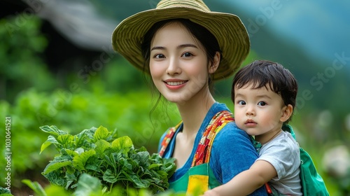 A young Asian woman in a straw hat smiles brightly as she holds her baby boy close to her in a lush green garden.