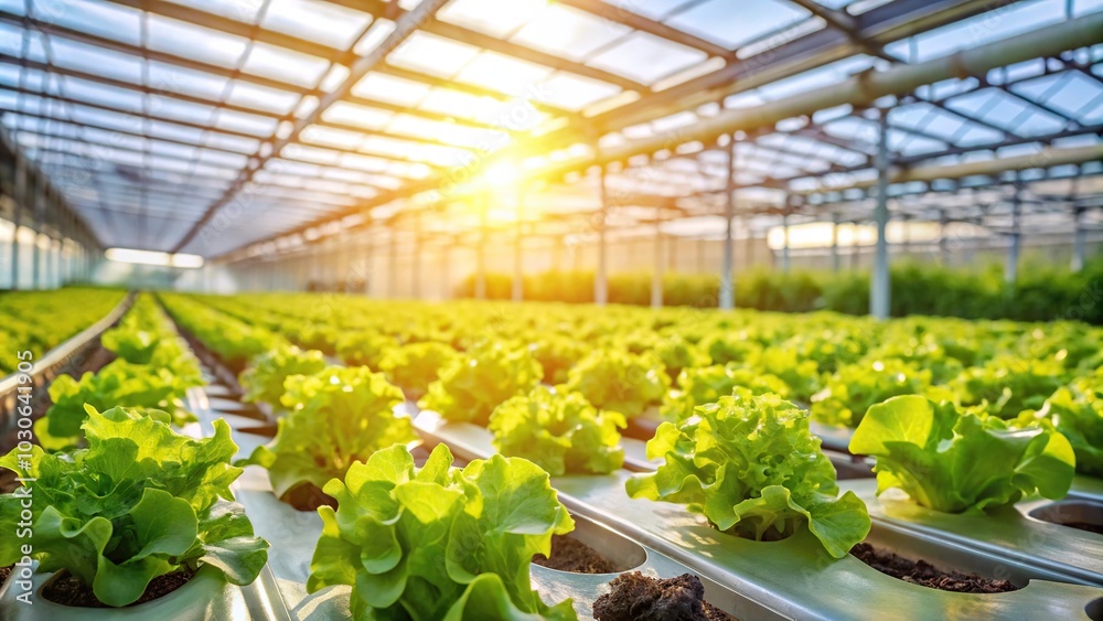 Hydroponic lettuce plants growing in a greenhouse with sunlight in the background Low Angle Hydroponic lettuce plants growing in a greenhouse with sunlight in the background Low Angle